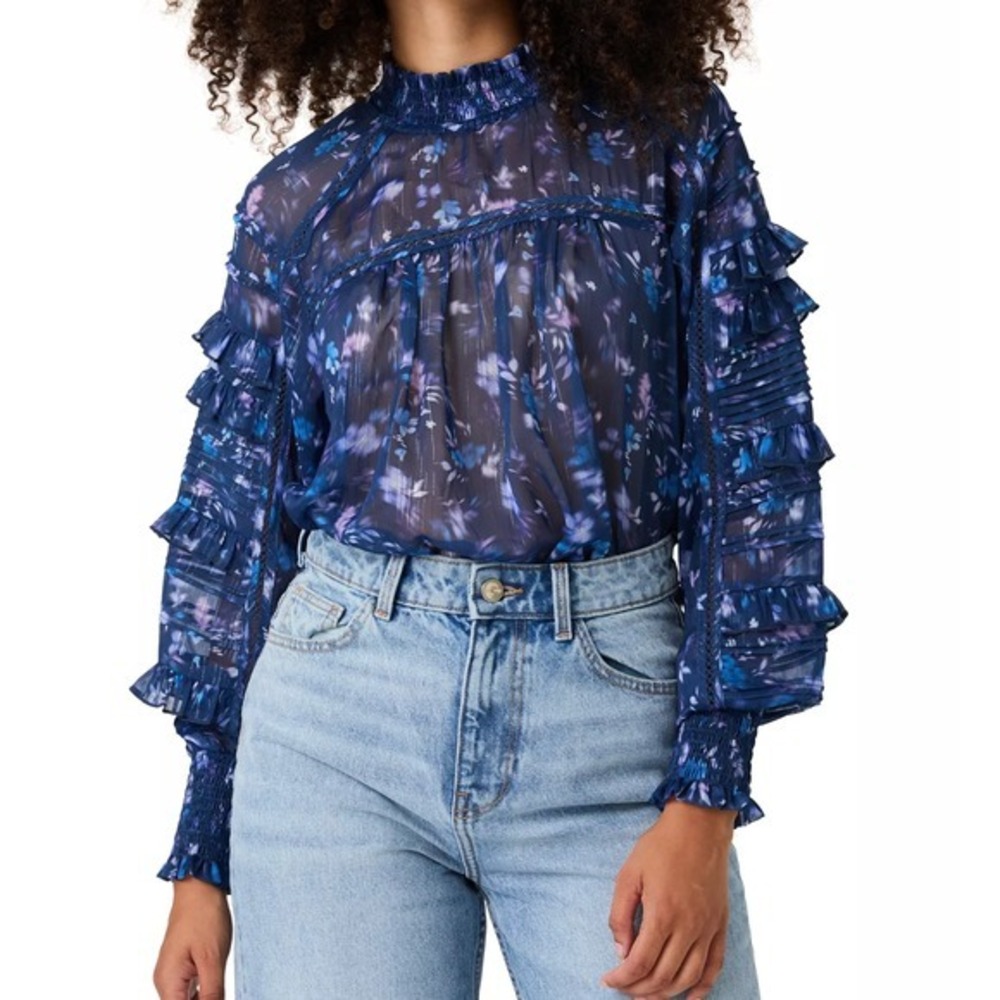 French Connection‎ Anifrida Arica Ruffle Pleat-Sleeve Top Mock Neck Floral Sheer